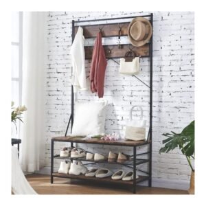 Hombazaar 3-in-1 Entryway Coat Shoe Rack, Entry Hall Tree Bench with 3 Tier Storage Shelves, Wood Furniture with Metal Frame, 7 Hooks for Garment Coats Hats Keys Umbrella Rack