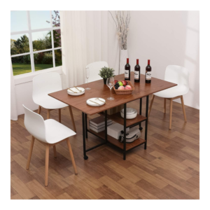 KOTPOP Folding Dinner Table, Drop Leaf Folding Extension Dinner Table for Kitchen, Farmhouse Room, Space Saving Table with 2 Storage Racks and 2 Wheels, Brown
