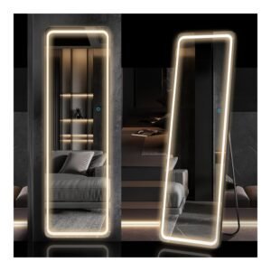 LVSOMT 63"x20" Full-Length Mirror with LED Lights, Free Standing Floor Mirror, Wall Mounted Hanging Mirror, Lighted Vanity Body Mirror, Full-Size Tall Mirror, Big Stand Up Mirror for Bedroom (Black)