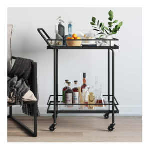Nathan James 45102 Sally Rolling Bar or Cart for Tea or Cocktail, 2-Tiered Glass and Metal, Black