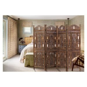 COTTON CRAFT- Ghanti Bells Antique Brown 4 Panel Handcrafted Wood Room Divider Screen 72x80 with Tiny Bells Intricately Carved On Both Sides Reversible Hides Clutter, Adds Décor, and Divides The Room