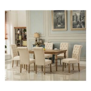 Roundhill Furniture Collection Habitanian Solid Wood Dining Table with 6 Button Tufted Chairs, Blue,