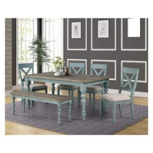 Roundhill Furniture Prato 6-Piece Table Set with Cross Back Chairs and Dining Bench, Blue