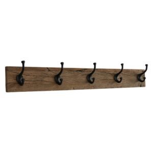 Rustic 5 Hook Coat Rack, Wall Mounted, Reclaimed Railway Wood Plank and Iron, 4 1/4 Deep x 37 Long x 6 Tall Inches (Weathered Brown)