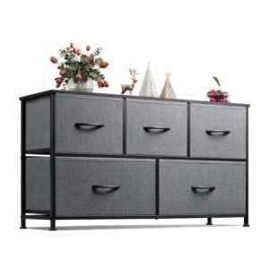 WLIVE Dresser with 5 Drawers, Fabric Storage Tower, Organizer Unit for Bedroom, Hallway, Entryway, Closets, Sturdy Steel Frame, Wood Top, Easy Pull Handle