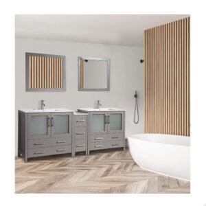 Vanity Art 84 inch Double Sink Modern Bathroom Vanity Compact Set 2 Shelves 7 Drawers - Ceramic Top & Bathroom Cabinet with Two Free Mirror (Gray) - VA3036-84-G